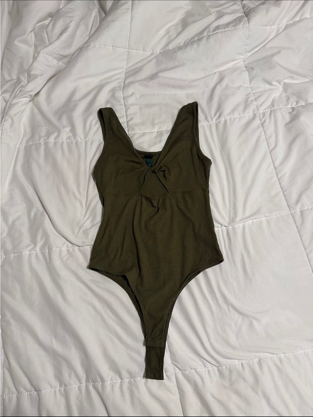 wild fable Olive Green Ribbed Knot-Front Bodysuit